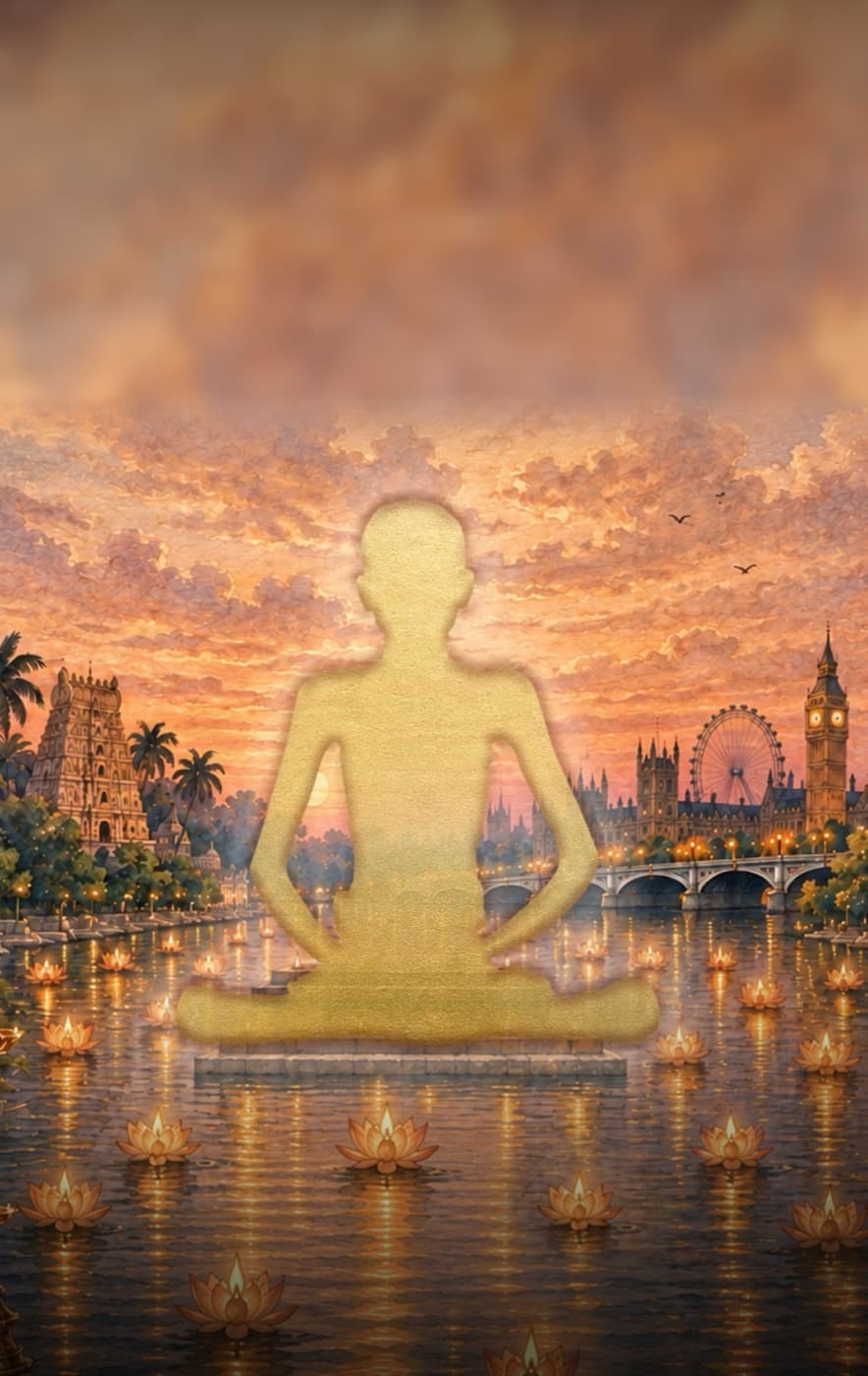 A painting of a gold seated figure on lotus-lit water at sunset, with a South Indian temple on one bank and the Palace of Westminster on the other