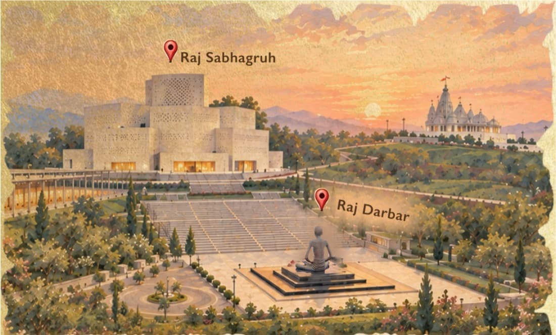A painting of the Ashram at sunset: the Raj Sabhagruh above a long flight of steps, with the Raj Darbar amphitheatre and the statue below