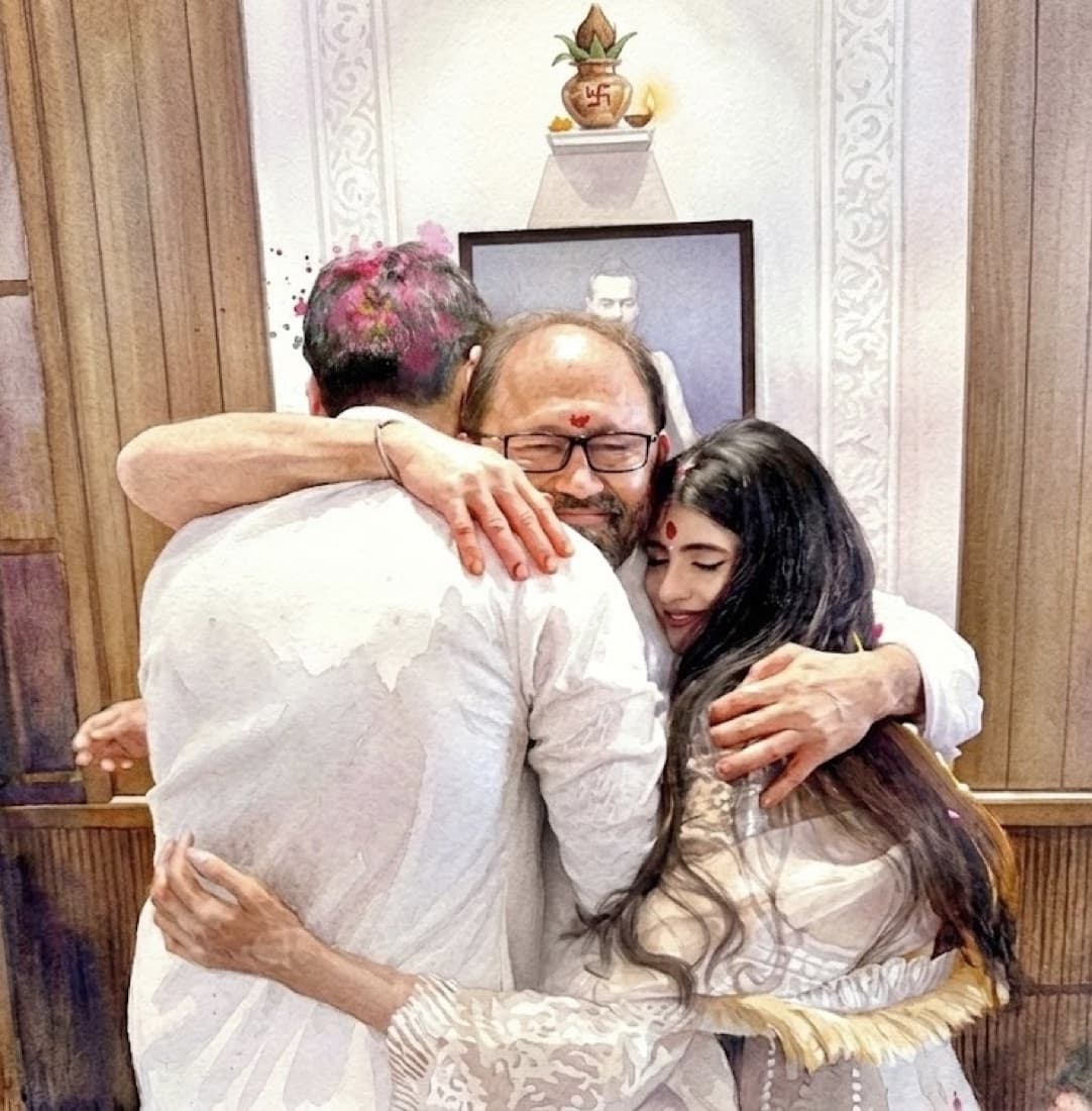 Avnee and Rohit embracing family at a celebration, painted in watercolour